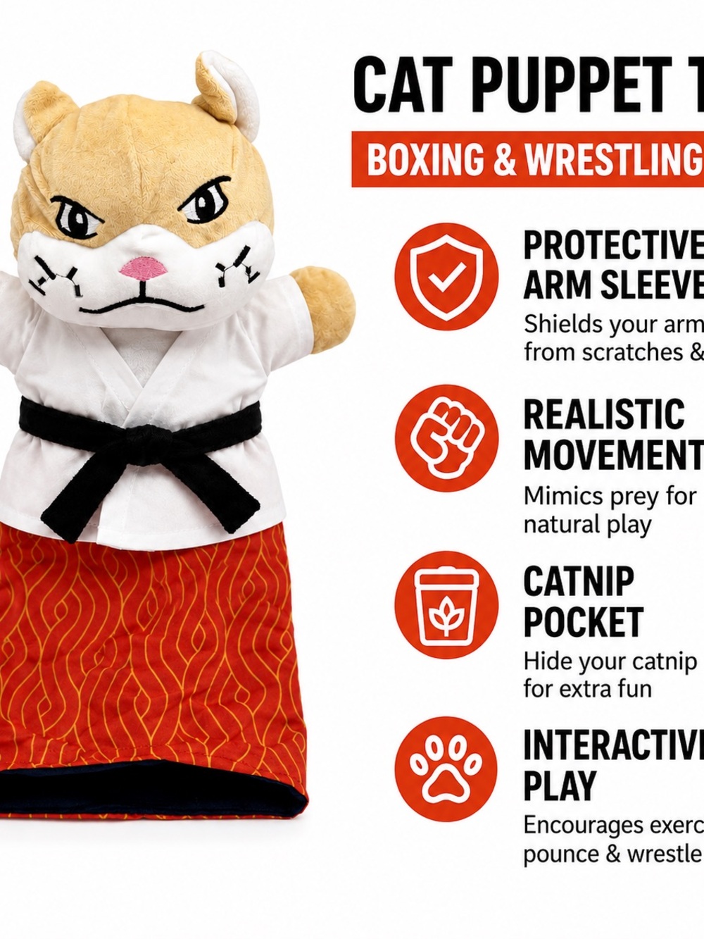 interactive karate cat hand puppet toy with protective arm sleeve.